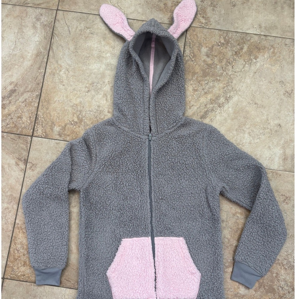 SO Intimates Grey Sherpa Bunny Ear Hooded Union Suit Pajamas Womens Medium